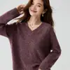 Suéter de cachemira de hilo floral grueso para otoño e invierno con diseño de hombro raglán, tejido de punto pullover con cuello en V para mujer, estilo holgado y casual