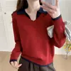 Suéter de Alta Qualidade Estilo Europeu Verde com Gola Reversível para Mulheres, Tricô Falso de Duas Peças Color-Blocked, Camiseta Polo de Tricô Solta com Decote V para Outono e Inverno