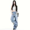 Young Orange# Jeans de Moda de Pierna Ancha con Diseño Roto para Mujer, Cintura Alta, Sueltos, Adelgazantes, Pantalones de Trapeador Holgados