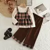 Conjunto de Outono Três Peças para Meninas Colete Xadrez Retrô Manga Longa Cuff Calça Longa Wide-Leg Estilo Coreano Conjunto para Bebê Menina Roupa Infantil