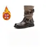 Botas de moda estilo vintage, com acabamento desgastado, para mulheres, coleção outono/inverno 2026, apresentando um acabamento com lavagem de cor, saltos grossos, solas espessas, um detalhe de fivela de cinto e um design franzido na altura da panturrilha.