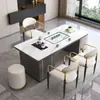 Conjunto de mesa de centro e cadeiras em pedra sinterizada de luxo leve, adequado para escritório, varanda ou uso doméstico; mesa de chá pequena moderna com chaleira de água integrada e estação de chá em pedra