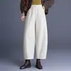 Calça Balloon de Perna Larga Fashionável de Cor Sólida para Mulheres, Outono 2026 Novo Tamanho Grande de Lã Emagrecedora Cintura Elástica Calça Casual