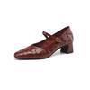 ¡Cabeza cuadrada pequeña Shannian! Zapatos de Piel para Mujer con Tacón Grueso Estilo Vintage Francés Mary Jane color vino tinto Zapatos de Tacón Medio