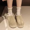 Pantuflas peludas para mujer, nuevo estilo de invierno 2026, antideslizantes, para usar en exteriores, de punta cerrada, diseño de media pantufla, combinación de cuero y piel, cálidas, botas de nieve de suela gruesa