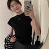 Camiseta de punto de manga corta con cuello semi-alto de terciopelo Andy para mujer, adecuada tanto para usar por dentro como por fuera, top de punto ajustado