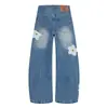 Jeans Wide-Leg Patchwork com Bordado Floral, Novo Estilo Americano de Outono, Lavado, Fresco, Estilo de Rua, Calças Casuais Largas