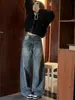 Jeans reto de cintura alta estilo retrô americano para mulheres, design solto de perna larga, calça foice de nicho, calça curva de alta rua