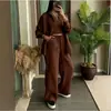 Conjunto Feminino de Duas Peças Moda Primavera Novo Estilo Europeu e Americano Temperamento Elegante Tamanho Plus Conjunto de Camisa com Aspecto de Linho Calça Longa Solta de Cintura Alta