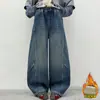 Pantalones de Felpa para Niñas Estilo Otoño e Invierno 2026 Nuevos Pantalones Sueltos de Pierna Ancha para Niños Jeans de Mezclilla de Invierno Pantalones de Pierna Chueca para Niños Grandes