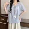 Camisa Retro Étnica de Encaje Hueco Estilo Coreano de Verano para Mujer, Talla Grande, Ligera