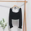 Camisa Corta Escote Cuadrado Escotada en Clavícula 2023 Primavera Nueva Manga Larga Globo Cuello con Cordones Top para Mujer 8876