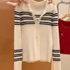 Suéter de Tricô Patchwork Listrado Tendência com Gola Polo Abotoada e Manga Longa para Mulheres, Outono 2025, Ajuste Slim, Top Base