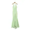 Vestido de Gala Estilo sereia Moda Europeia e Americana Roupas Femininas Verde Alça no Pescoço Decote V Franzido Comprimento no Chão Vestido Longo