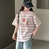 Camiseta listrada infantil transfronteiriça, novo modelo 2026 para crianças maiores, top soltinho e estiloso estilo coreano estampado, tendência de comércio exterior