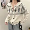 Cárdigan Jacquard Fair Isle Azul Retro Primavera y Otoño para Mujer Estilo Perezoso Retro Suéter de Punto con Cuello Redondo