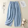 Calça pantalona de algodão e linho tiro real feminina botão de pérola amarração perna curva emagrecedora 2026 Primavera/Outono casual literário cropped versátil