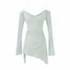 Camiseta Sexy Estilo Puro Deseo Ligeramente Transparente de un Solo Hombro y Manga Larga para Mujer Principios de Otoño Blanca Cintura Adelgazante Longitud Midi