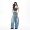 Jeans Largo Laranja Infantil com Bolso Bordado e Lavagem para Mulheres, Cintura Alta, Caimento Solto, Emagrecimento, Valoriza a Silhueta, Moderno, Versátil, Calça Comprida.