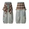 Calça Jeans Vintage com Aba Xadrez Destacável Scimitar para Homens e Mulheres, Estilo de Rua Outono, Larga Lavada Desgastada Reta de Perna Larga