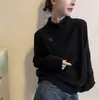 Camiseta Térmica de Manga Larga con Cuello Medio para Mujer, Elegante Camisa Base Casual Versátil con Diseño de Bordado de Alta Gama