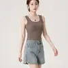 Top sin mangas de color liso con cuello en U para mujer, camisola de tirantes racerback ajustada para verano, alta elasticidad, top básico sin mangas adelgazante