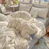 Juego de ropa de cama a rayas de cuatro piezas de algodón de grado A, funda de edredón individual de gasa de doble capa de algodón puro, juego de tres piezas de sábana para cama de dormitorio de estudiante, sábana bajera 4