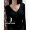 Camiseta Retro Americana de Veludo Alemão Escovado com Manga Longa, Bojos e Bordas de Renda para Mulheres na Primavera, Outono e Inverno, Base Slim Casual