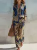 Novo conjunto de moda transfronteiriça europeia e americana, camisa estampada solta de manga longa e conjunto de calças de perna larga para mulheres, conjunto casual estiloso de duas peças