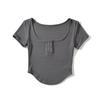 26 Novos Tops Curtos de Verão Estilo Grande Decote U Ajustados ao Corpo para Mulheres, Elegantes e que Valorizam a Silhueta, Camiseta Sexy de Manga Curta com Botões e Barra Curva