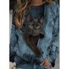 Ebay Amazon Outono Quente Novo Transfronteiriço Europeu e Americano Zíper Estampa de Gato Desenho Animado Gola Redonda Manga Longa Camiseta Feminina