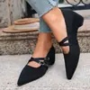 Sapatos Mary Jane de Malha Vazada Bico Fino Sapatos de Uma Sola Cor Preta Tiras Duplas Finas Sola Plana Confortáveis para Uso Prolongado Versáteis para o Trajeto do Trabalho