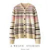 Cardigan de punto de cachemira a rayas y bloques de color para mujer, cuello redondo, mangas largas, estilo casual, versátil, simple y retro