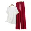 Conjunto de Dos Piezas de Pantalones Anchos de Manga Corta Sueltos de Modal para Verano Ropa de Casa Talla Grande Casual Cuello Redondo Delgado