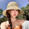 Sombrero de Pescador de Paja para Mujer, Sombrero de Cubo Transpirable de Verano Estilo Coreano Que Hace que la Cara Parezca Más Pequeña, Sombrero de Paja de Playa con Ala Ancha para Protección Solar