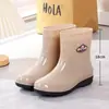 Botas de goma forradas color caqui para otoño e invierno, zapatos de agua de caña media y corta, botas de lluvia para mujer para exteriores, botas de lluvia sin cordones de altura media, botas de agua para limpieza