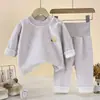 Conjunto de ropa térmica de forro polar grueso de doble cara para bebé, de cintura alta, protector de barriga, no restrictivo, estilo cárdigan, conjunto de ropa interior de capa base para otoño e invierno para lactantes