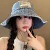 Sombrero de Cubo de Mezclilla Patchwork Estilo Japonés para Mujer, Sombrero de Sol de Ala Ancha Lavado Vintage Desgastado, Sombrero Protector Solar Adelgazante para el Rostro