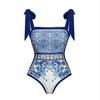 Traje de Banho Étnico Azul Europeu e Americano 2024 Novo Traje de Banho Estampado com Laço Maiô Feminino Transfronteiriço