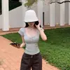 Camiseta Versátil Nova Decote Coração Pêssego Puro Desejo Ombro Reto Decote V para Mulheres, Top Fashion Slim Fit para Meninas Descoladas