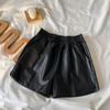 Calças Casuais Retas Versáteis de Outono e Inverno para Mulheres, Shorts Largos Soltos Petite, Shorts Boot de Couro PU de Cintura Alta Elástica Cor Café