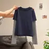Camiseta de Manga Larga Rayada con Diseño Falso de Dos Piezas Cosidas para Mujer en Primavera y Otoño, Aspecto Holgado y Adelgazante, Camiseta Interior de Capa