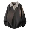 Suéter de tricô masculino falso duas peças com decote V, novo estilo de inverno transfronteiriço 2026, blusa de tricô casual solta, moderna