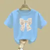 2366# Camiseta Informal de Manga Corta con Lazo para Niños, Combinación Perfecta, Verano 2025, Nueva, Holgada, Manga Media, Moderna