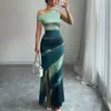 Amazon Wish Export Transfronterizo Vestido Delgado de Verano para Mujer Nuevo Europeo y Americano de Color Contrastante Hombro Oblicuo Falda Larga