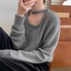Suéter Gris con Cinta para Colgar al Cuello con Sentido del Diseño para Mujer Otoño e Invierno Moda Elegante Base Interior Suéter Top con Estilo