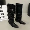 Botas Melard de punta fruncidas y apiladas para mujer, botas de vaquero de caña alta con hebilla de cinturón, botas de vaquero western vintage de caña ancha
