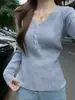 Suéter de Tricô Canelado com Decote V Suave Estilo Coreano para Mulheres Primavera/Outono Slim-fit Suave Manga Longa Blusa Base