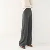 Calça Larga Feminina Acolchoada com Bolsos Duplos, 100% Lã Pura, Cintura Elástica, Cor Sólida, Corte Reto, Calça Versátil da Moda, Tendência
