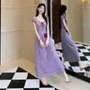 Vestido morado floral estilo francés para la hora del té, suave y elegante, súper bonito y único, con una falda larga línea A que ciñe la cintura para el verano